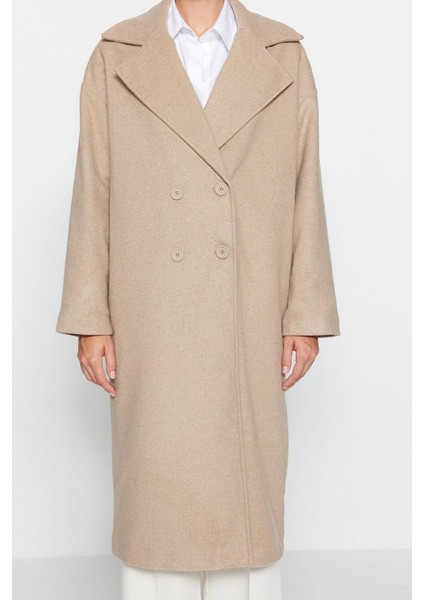 Kadın Moda Şık Oversize Ceket Yaka Uzun Düz Astarlı Oversize Geniş Kesim Uzun Yünlü Kaşe Kaban