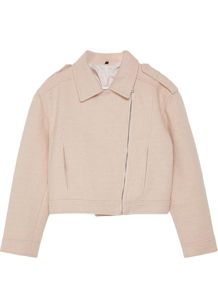Kadın Moda Şık Regular Ceket Yaka Standart Düz Astarlı Örme Kaşe Crop Biker Ince Ceket Mont