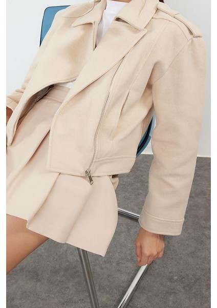 Kadın Moda Şık Regular Ceket Yaka Standart Düz Astarlı Örme Kaşe Crop Biker Ince Ceket Mont