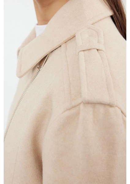 Kadın Moda Şık Regular Ceket Yaka Standart Düz Astarlı Örme Kaşe Crop Biker Ince Ceket Mont