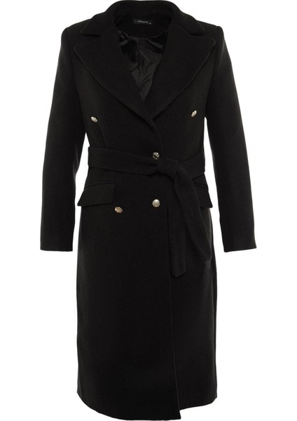 Kadın Moda Şık Fitted Ceket Yaka Uzun Düz Astarlı Fitted Kuşaklı Gold Düğmeli Uzun Yünlü Kaşe Kaban