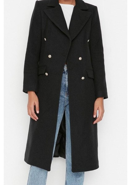 Kadın Moda Şık Fitted Ceket Yaka Uzun Düz Astarlı Fitted Kuşaklı Gold Düğmeli Uzun Yünlü Kaşe Kaban fiyatları