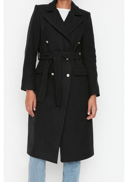 Kadın Moda Şık Fitted Ceket Yaka Uzun Düz Astarlı Fitted Kuşaklı Gold Düğmeli Uzun Yünlü Kaşe Kaban modelleri