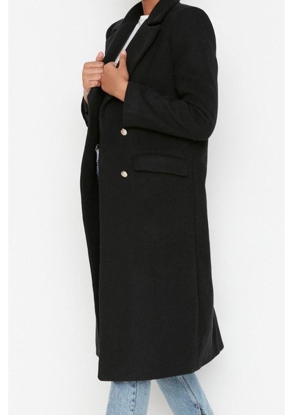 Kadın Moda Şık Fitted Ceket Yaka Uzun Düz Astarlı Fitted Kuşaklı Gold Düğmeli Uzun Yünlü Kaşe Kaban fırsatları