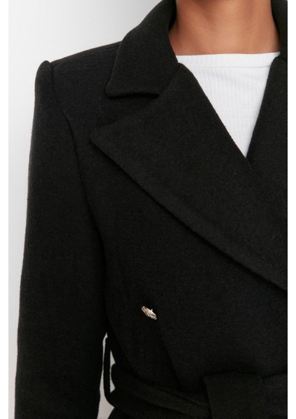 Kadın Moda Şık Fitted Ceket Yaka Uzun Düz Astarlı Fitted Kuşaklı Gold Düğmeli Uzun Yünlü Kaşe Kaban indirimleri