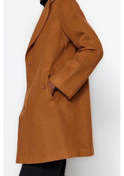 Kadın Moda Şık Bol Ceket Yaka Midi Düz Astarlı Oversize Geniş Kesim Kaşe Kaban