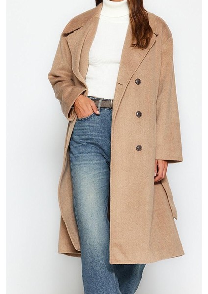 Kadın Moda Şık Bol Ceket Yaka Uzun Düz Astarlı Oversize Geniş Kesim Kuşaklı Kaban fiyatları