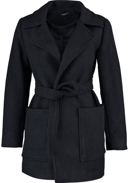 Kadın Moda Şık Fitted Ceket Yaka Midi Düz Astarlı Fitted Kuşaklı Yünlü Kaşe Kaban