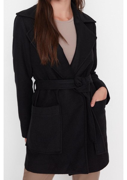 Kadın Moda Şık Fitted Ceket Yaka Midi Düz Astarlı Fitted Kuşaklı Yünlü Kaşe Kaban fırsatları