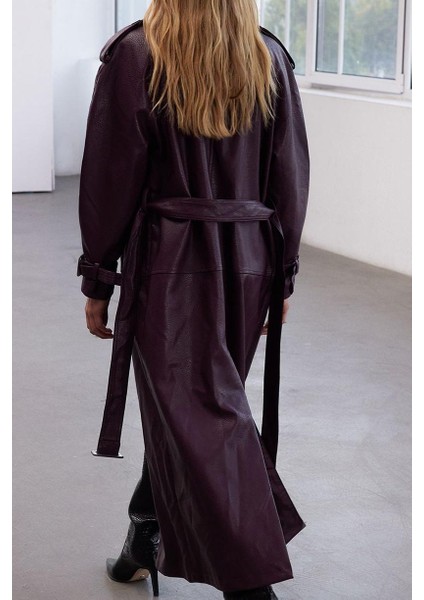 Kadın Moda Şık Oversize Ceket Yaka Uzun Düz Astarlı Kemerli Oversize Suni Deri Trençkot