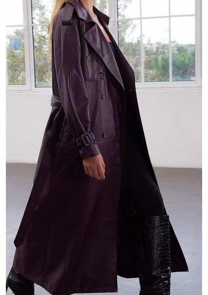 Kadın Moda Şık Oversize Ceket Yaka Uzun Düz Astarlı Kemerli Oversize Suni Deri Trençkot