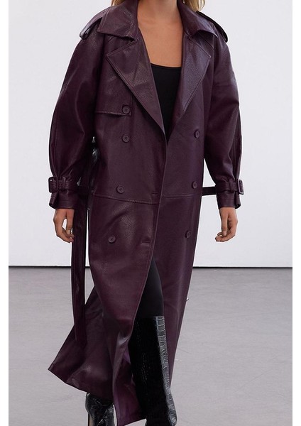 Kadın Moda Şık Oversize Ceket Yaka Uzun Düz Astarlı Kemerli Oversize Suni Deri Trençkot
