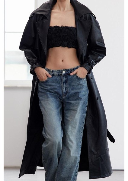 Kadın Moda Şık Oversize Ceket Yaka Uzun Düz Astarlı Kemerli Oversize Suni Deri Trençkot