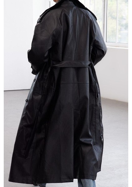 Kadın Moda Şık Oversize Ceket Yaka Uzun Düz Astarlı Kemerli Oversize Suni Deri Trençkot modelleri