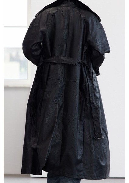 Kadın Moda Şık Oversize Ceket Yaka Uzun Düz Astarlı Kemerli Oversize Suni Deri Trençkot fırsatları