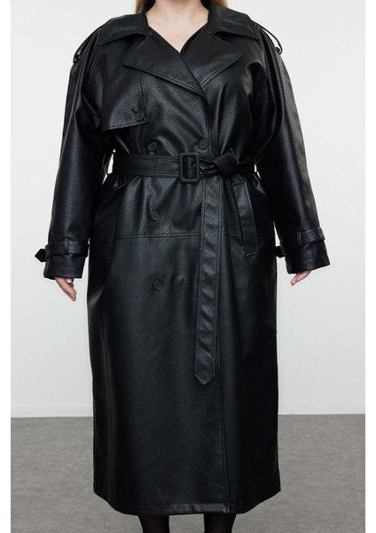Kadın Büyük Beden Moda Şık Oversize Ceket Yaka Uzun Düz Astarlı Fit Maxi Boy Suni Deri Trençkot