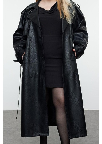 Kadın Büyük Beden Moda Şık Oversize Ceket Yaka Uzun Düz Astarlı Fit Maxi Boy Suni Deri Trençkot