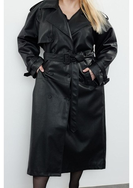 Kadın Büyük Beden Moda Şık Oversize Ceket Yaka Uzun Düz Astarlı Fit Maxi Boy Suni Deri Trençkot
