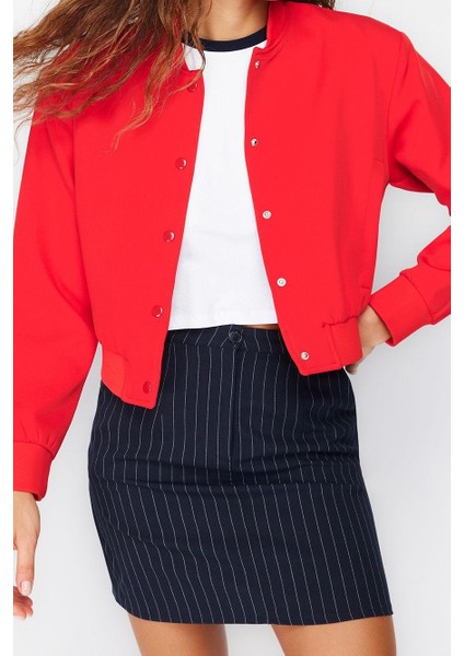 Kadın Moda Şık Bol Hakim Yaka Crop Düz Astarlı Oversize Crop Ince Bomber Mont
