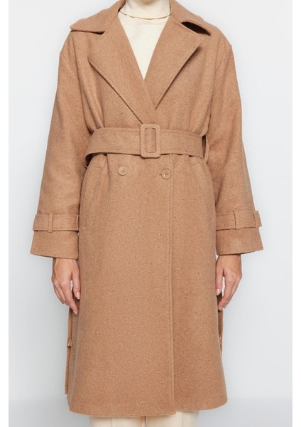 Kadın Moda Şık Bol Ceket Yaka Uzun Düz Astarlı Oversize Geniş Kesim Kemerli Uzun Yünlü Kaşe Kaban
