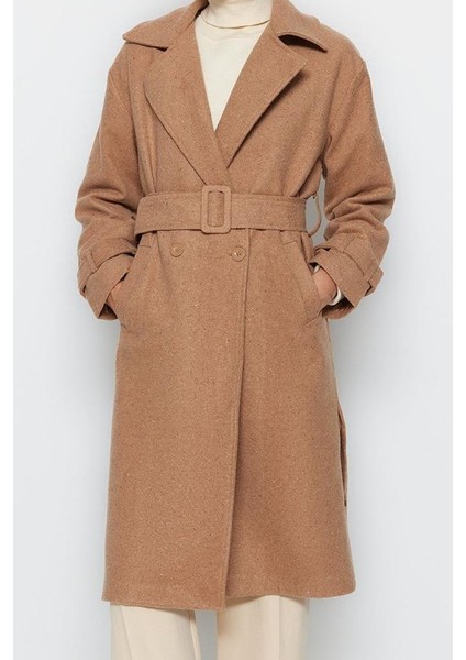 Kadın Moda Şık Bol Ceket Yaka Uzun Düz Astarlı Oversize Geniş Kesim Kemerli Uzun Yünlü Kaşe Kaban