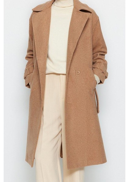 Kadın Moda Şık Bol Ceket Yaka Uzun Düz Astarlı Oversize Geniş Kesim Kemerli Uzun Yünlü Kaşe Kaban