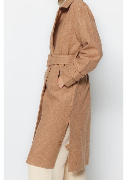 Kadın Moda Şık Bol Ceket Yaka Uzun Düz Astarlı Oversize Geniş Kesim Kemerli Uzun Yünlü Kaşe Kaban