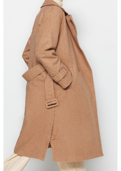 Kadın Moda Şık Bol Ceket Yaka Uzun Düz Astarlı Oversize Geniş Kesim Kemerli Uzun Yünlü Kaşe Kaban