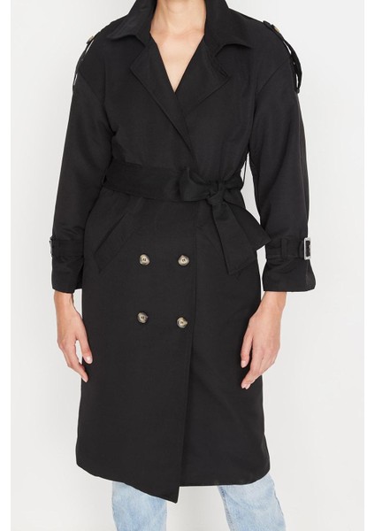 Kadın Moda Şık Oversize Ceket Yaka Uzun Düz Astarlı Geniş Kesim Kuşaklı Su Itici Uzun Trençkot