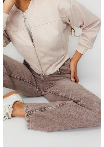 Kadın Moda Şık Bol Hakim Yaka Crop Düz Astarlı Oversize Süet Bomber Ceket Mont