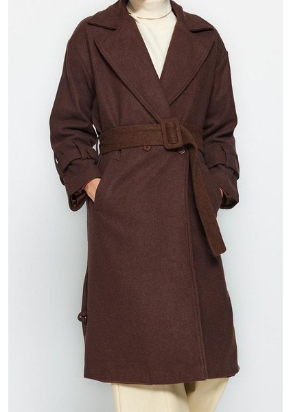 Kadın Moda Şık Bol Ceket Yaka Uzun Düz Astarlı Oversize Geniş Kesim Kemerli Uzun Yünlü Kaşe Kaban