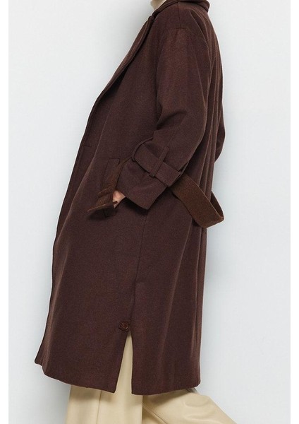Kadın Moda Şık Bol Ceket Yaka Uzun Düz Astarlı Oversize Geniş Kesim Kemerli Uzun Yünlü Kaşe Kaban