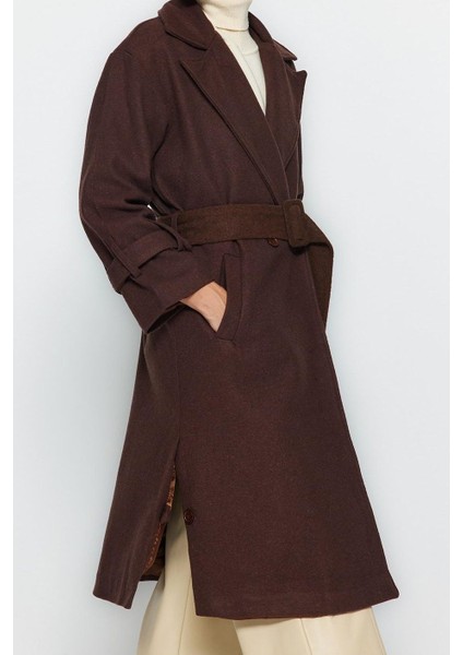 Kadın Moda Şık Bol Ceket Yaka Uzun Düz Astarlı Oversize Geniş Kesim Kemerli Uzun Yünlü Kaşe Kaban