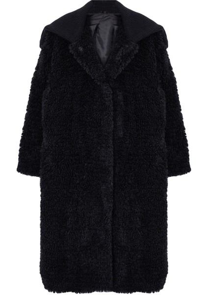 Kadın Moda Şık Bol Ceket Yaka Uzun Düz Astarlı Siyah Oversize Peluş Kaban