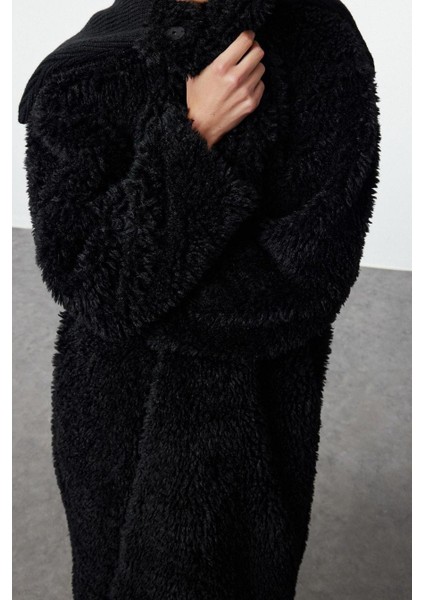 Kadın Moda Şık Bol Ceket Yaka Uzun Düz Astarlı Siyah Oversize Peluş Kaban modelleri