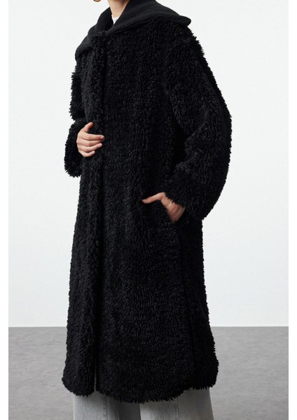 Kadın Moda Şık Bol Ceket Yaka Uzun Düz Astarlı Siyah Oversize Peluş Kaban fırsatları