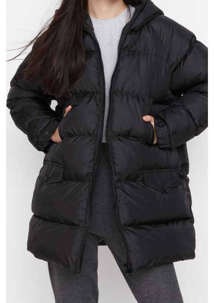 Kadın Moda Şık Regular Kapüşonlu Yaka Midi Düz Astarlı Oversize Kapüşonlu Su Itici Şişme Mont