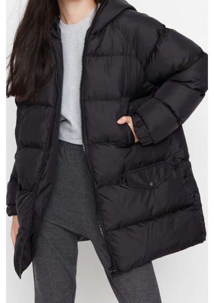 Kadın Moda Şık Regular Kapüşonlu Yaka Midi Düz Astarlı Oversize Kapüşonlu Su Itici Şişme Mont