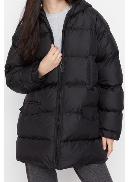 Kadın Moda Şık Regular Kapüşonlu Yaka Midi Düz Astarlı Oversize Kapüşonlu Su Itici Şişme Mont