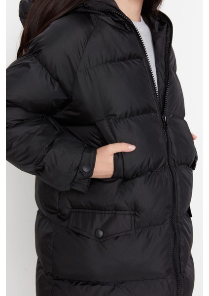 Kadın Moda Şık Regular Kapüşonlu Yaka Midi Düz Astarlı Oversize Kapüşonlu Su Itici Şişme Mont