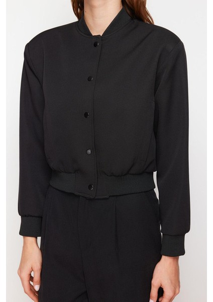 Kadın Moda Şık Bol Hakim Yaka Crop Düz Astarlı Oversize Crop Ince Bomber Mont