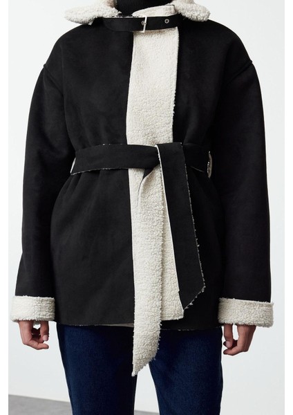 Kadın Moda Şık Bol Ceket Yaka Midi Düz Astarsız Oversize Kuşaklı Peluş Detaylı Süet Mont