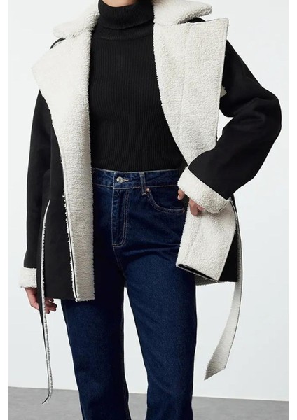 Kadın Moda Şık Bol Ceket Yaka Midi Düz Astarsız Oversize Kuşaklı Peluş Detaylı Süet Mont fiyatları