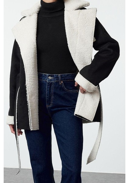 Kadın Moda Şık Bol Ceket Yaka Midi Düz Astarsız Oversize Kuşaklı Peluş Detaylı Süet Mont fırsatları