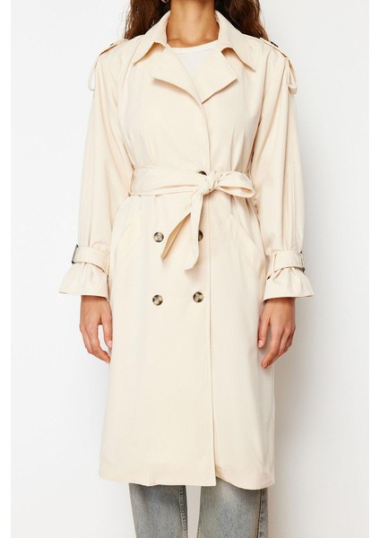 Kadın Moda Şık Oversize Ceket Yaka Uzun Düz Astarlı Oversize Geniş Kesim Kemerli Trençkot