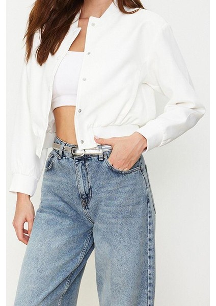 Kadın Moda Şık Bol Hakim Yaka Crop Düz Astarlı Oversize Crop Ince Bomber Mont