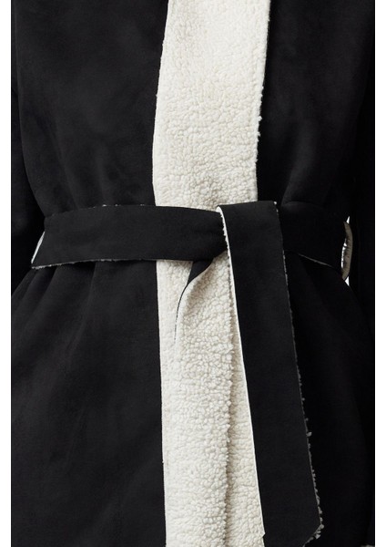 Kadın Moda Şık Bol Ceket Yaka Midi Düz Astarsız Oversize Kuşaklı Peluş Detaylı Süet Mont indirimleri