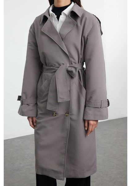 Kadın Moda Şık Oversize Ceket Yaka Uzun Düz Astarlı Oversize Kuşaklı Trençkot