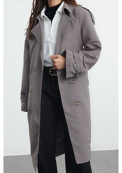 Kadın Moda Şık Oversize Ceket Yaka Uzun Düz Astarlı Oversize Kuşaklı Trençkot