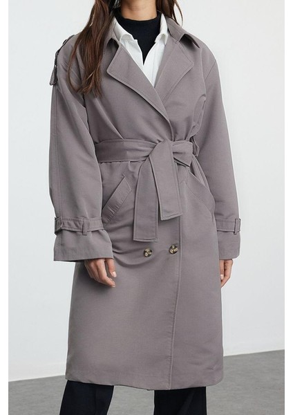 Kadın Moda Şık Oversize Ceket Yaka Uzun Düz Astarlı Oversize Kuşaklı Trençkot